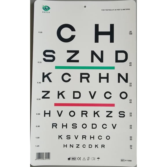 SLOAN Chart with Red Green Bar Visual Acuity Test 6m / 20ft