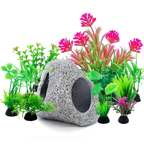 SLOCME 10 Pcs Aquarium Rock Cave & Plants Set – Colorful Plastic Aquarium Plants Fish Tank Decorations, Ceramic Betta Fish Hideout Breeding Shelter