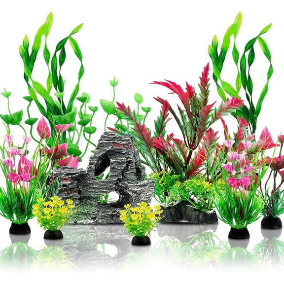 SLOCME 12PCS Aquarium Decorations Set – Artificial Fish Tank Plants & Resin Rock Cave, Colorful & Realistic Aquarium Decor