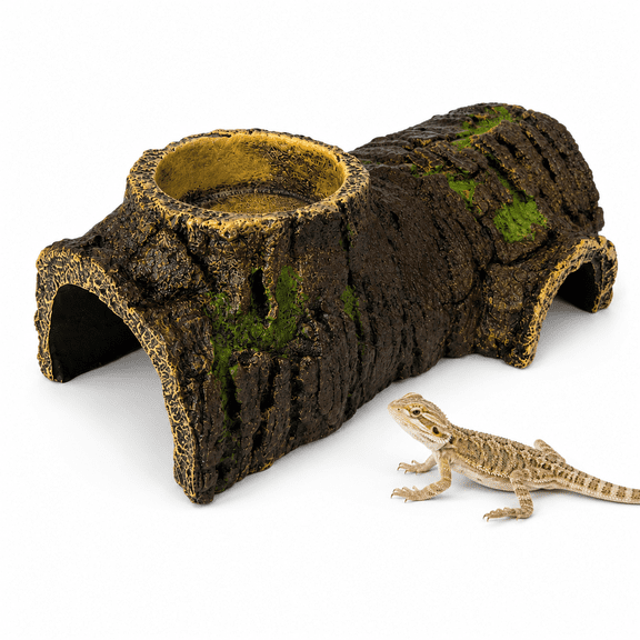 SLOCME 2-in-1 Reptile Hideout and Feeding Bowl, Resin Log Cave for Leopard Geckos and Small Reptiles