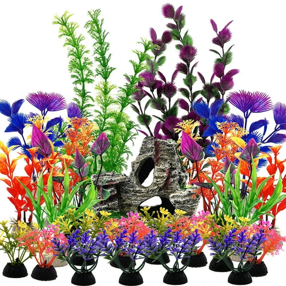 SLOCME 25 PCS Aquarium Plants & Rock Cave Decorations Set – Colorful Plastic Fish Tank Plants with Resin Rock Hideout, Realistic Aquarium Decor