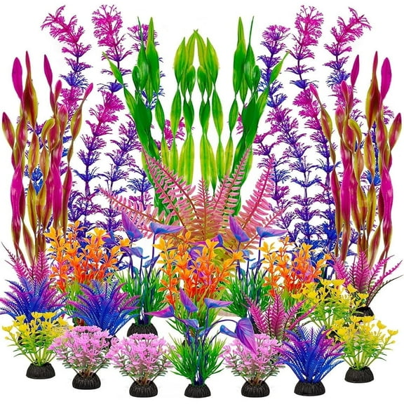 SLOCME 25 PCS Colorful Artificial Aquarium Plants – Large Plastic Fish Tank Decorations for Betta & Goldfish, Realistic Soft Plants with Weighted Base, 2-12in
