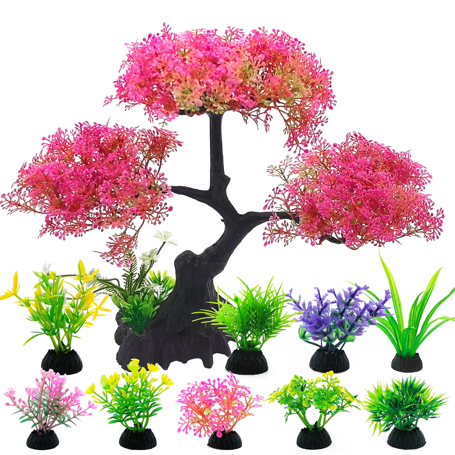 SLOCME Pink Cherry Blossom Tree Aquarium Decor Set – 10 Pcs