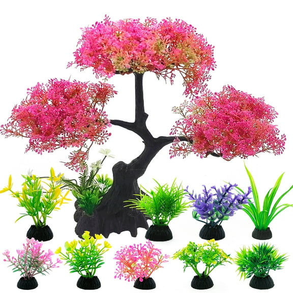 SLOCME Pink Cherry Blossom Tree Aquarium Decor Set – 10 Pcs Artificial Plastic Plants for Fish Tanks