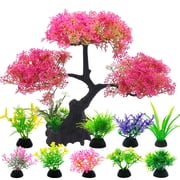 SLOCME Pink Cherry Blossom Tree Aquarium Decor Set   10 Pcs Artificial Plastic Plants for Fish Tanks