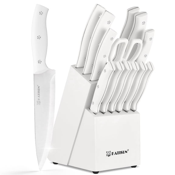 SLOK 15-Piece White Kitchen Knife Set with Built-in Sharpening Stone, Ergonomic Triple Rivet Handles, Dishwasher Safe