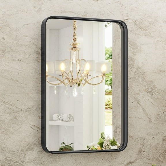 SLOK 30"x22" Rectangular Bathroom Mirror, Black Aluminum Frame Mirror for Vanity/Farmhouse/Living Room/Bedroom
