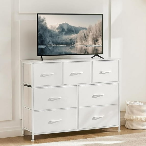 SLOK 7 Drawer Fabric Dresser, Tall Chest Storage Cabinet for Bedroom/Entryway/Living Room, White