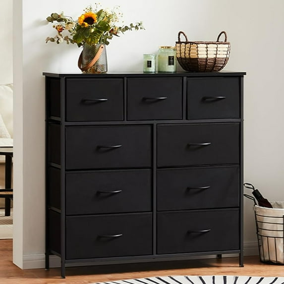 SLOK 9 Drawer Fabric Dresser, Bedroom Closet Organizer Storage Cabinet for Hallway/Entryway, Black