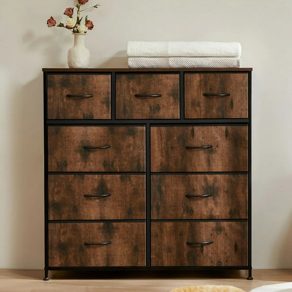 SLOK 9 Drawer Fabric Dresser, Bedroom Closet Organizer Storage Cabinet for Hallway/Entryway, Brown