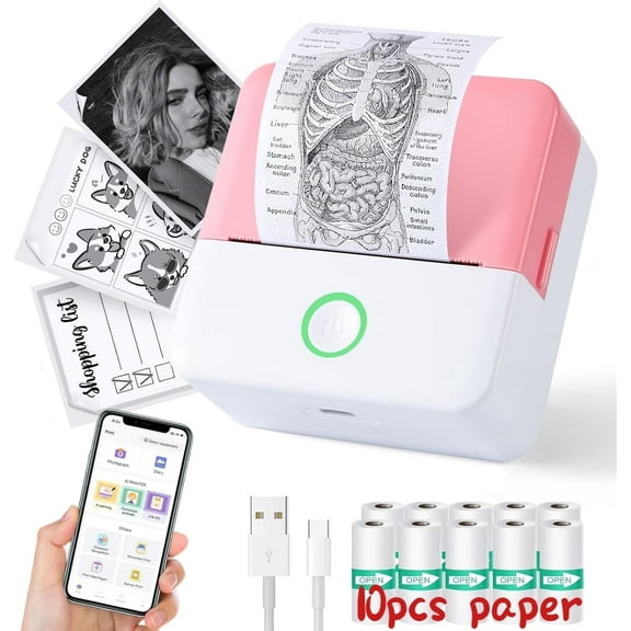SLOK Thermal Mini Printer, Portable Inkless Bluetooth Sticker Maker with 10 Rolls Paper, Pink