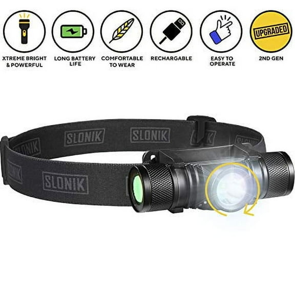 SLONIK Rechargeable Headlamp Flashlight - 500 Lumens Ultra Bright Headlight - IPX8 Waterproof Head Lamp Light for Outdoor Running, Hiking Gear, Hard Hat Helmet - Camping Accessories for Adults, Black