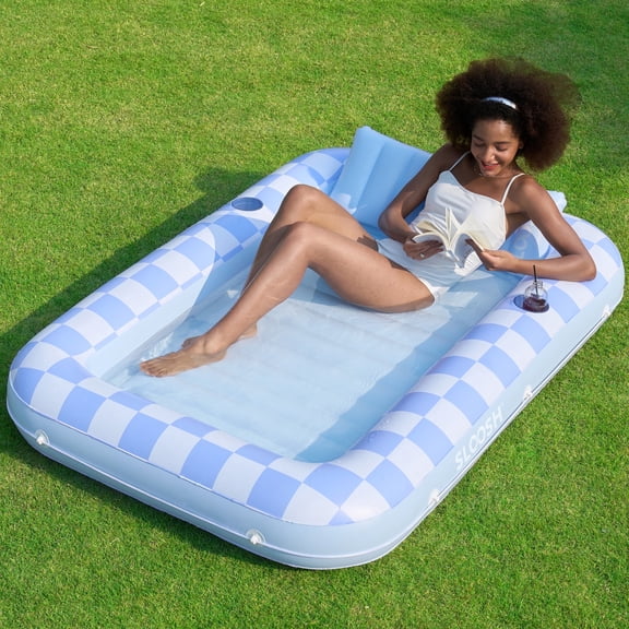 SLOOSH Inflatable Tanning Pool Lounger Float, 70" x 46" Large Suntan Sun Tan Tub for Adults, Tanning Chair, Bed Blow up, Raft Lounge Floatie Blue Checker