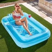 SLOOSH Inflatable Tanning Pool Lounger Float, 70" x 46" Large Suntan Tub with Pillow, Water Raft Float For Kids & Adults, L-Blue