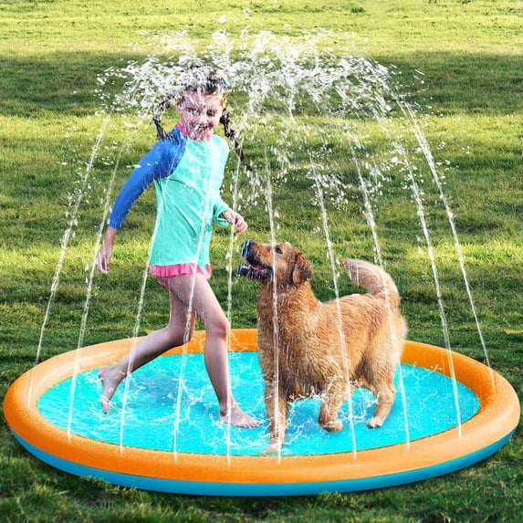 SLOOSH Non-Slip Splash Pad Sprinkler - Outdoor Water Play Toys Backyard Fountain Mat for Toddlers Kids Dogs, Thickened Sprinkler Outside Pool Party Durable for Girls Boys Pets (60in, Orange&Blue)