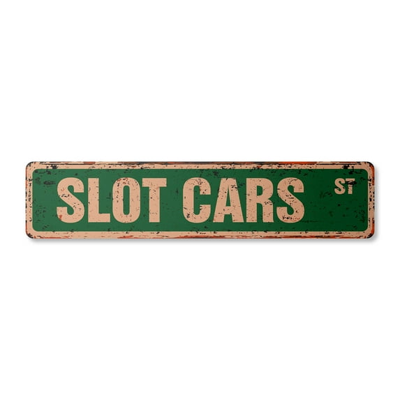 SLOT CARS Vintage Aluminum Street Sign race slotcar trucks collector toys rustic metal tin | Indoor/Outdoor |  24" Wide
