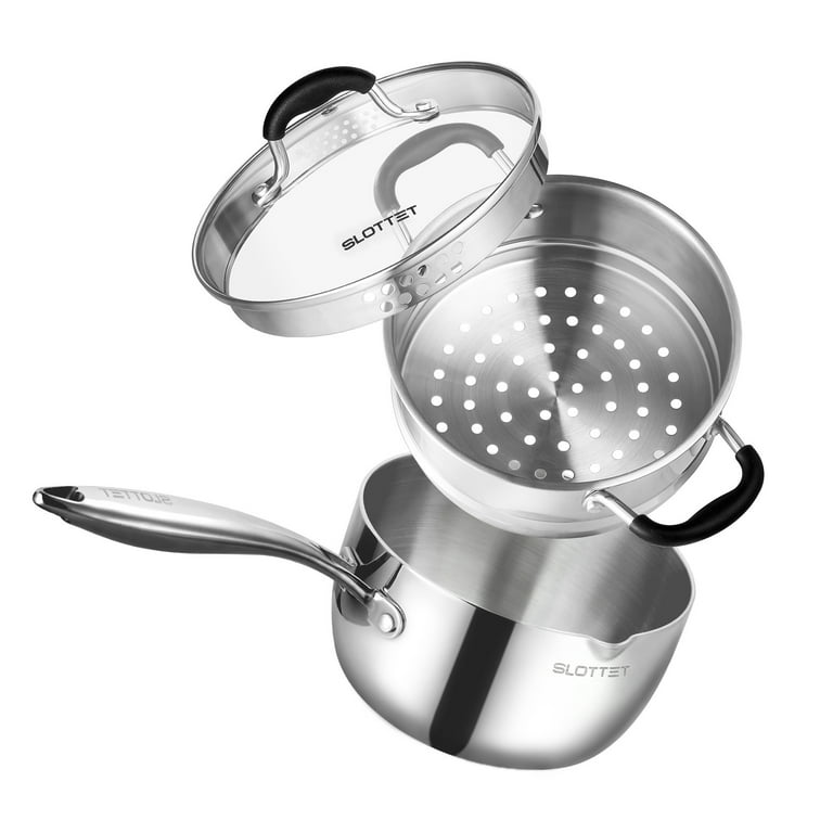 SLOTTET Tri-Ply Whole-Clad Stainless Steel Sauce Pan with Pour Spout ,1.5  Quart Small Multipurpose Pasta Pot with Strainer Glass Lid, Saucepan for  Cooking with Stay-cool Handle 