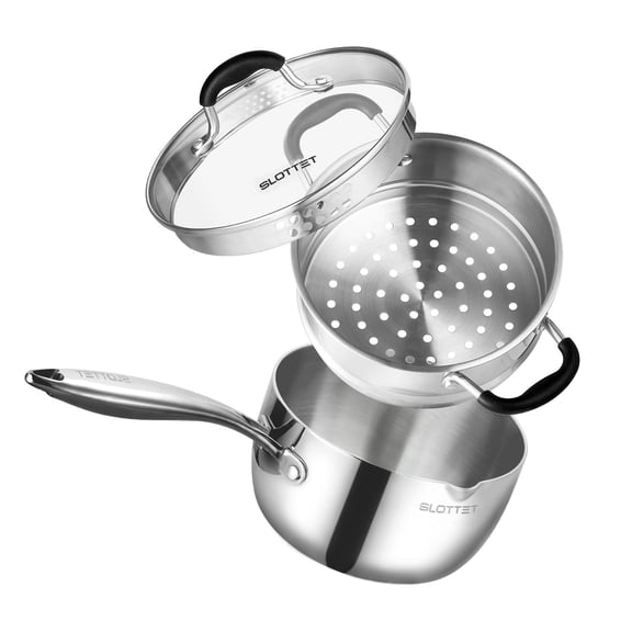 SLOTTET Tri-Ply Whole-Clad Stainless Steel Saucepan with Steamer,2.5 Qt Small Multipurpose Pot with Pour Spout,Strainer Glass Lid, 2 Quart Sauce Pan for Cooking with Stay-cool Handle. Y101