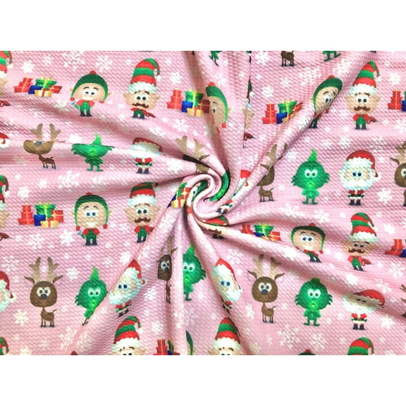 SLP Fabrics Knit Printed Fabric, Cartoon Santa, Sold by the Yard, Pink Ivory Green