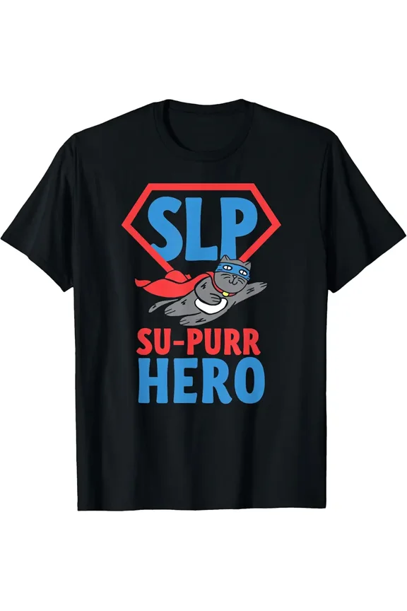 SLP Su-Purr Hero Tee Shirt Cat Superhero Speech Therapy Gift Unisex T-Shirt, up to Size 5XL