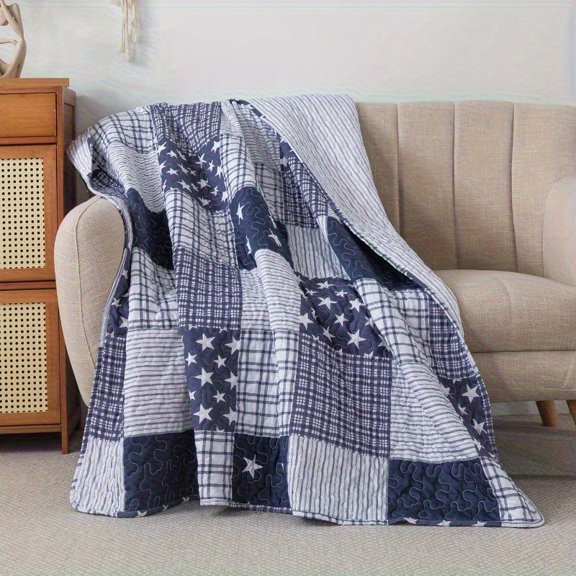 SLPR American Style Lightweight Flannel Blanket - Patriotic Stars & Stripes & Plaid Design, All-Season Soft Anti-Pilling Bedspread, Blue & White Contemporary Home Decor, Dual-Use Sofa Bed Throw with