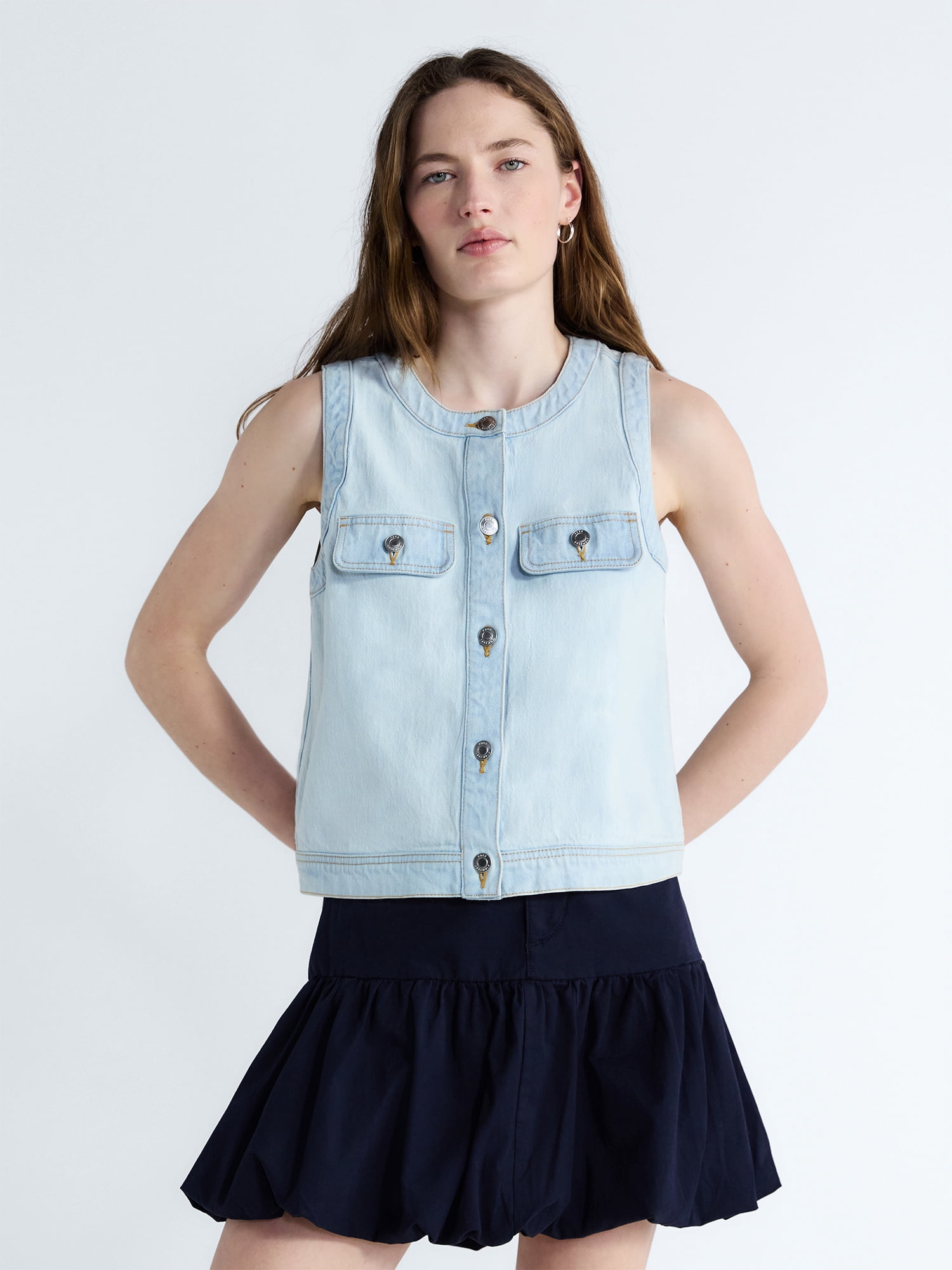 Free Assembly Women's and Women's Plus Button Front Sleeveless Denim Top, Sizes XS-4X