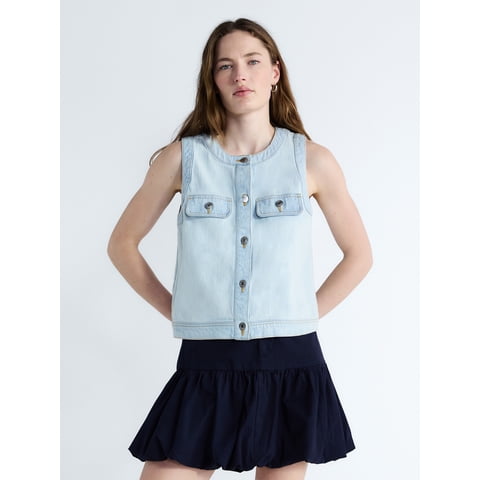 Women's and Women's Plus Button Front Sleeveless Denim Top, Sizes XS-4X