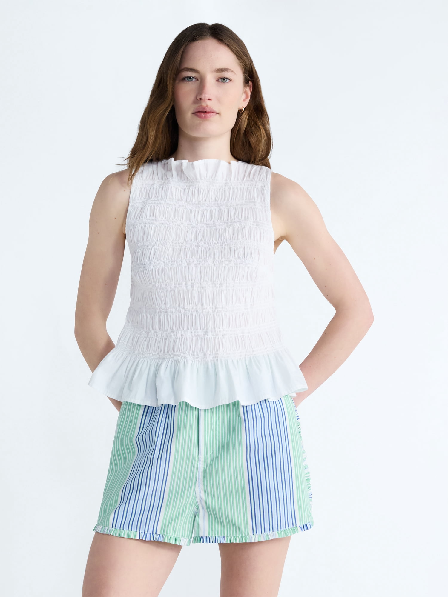 Free Assembly Women's and Women's Plus Smocked Peplum Sleeveless Cotton Top, Sizes X-4X