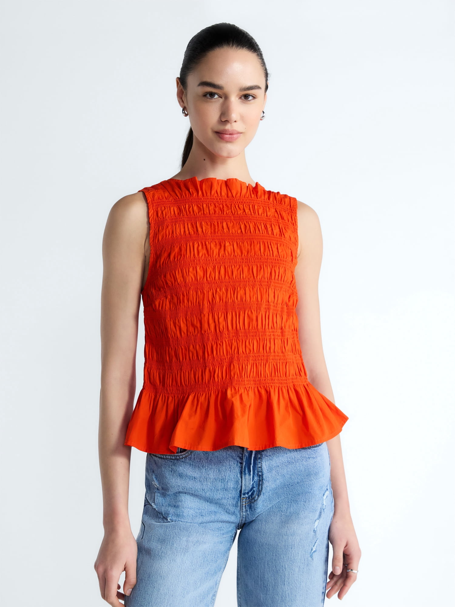 Free Assembly Women's and Women's Plus Smocked Peplum Sleeveless Cotton Top, Sizes X-4X