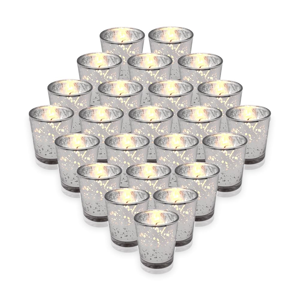 SLS SUPPLY FLORA - Mercury Glass Votive Candles Set of 48 - Small Candles in Candle Jars Decorative Candles for Wedding Favors Gifts or Home Decor Soy Wax, 8-10 Hour Burn Time - Silver