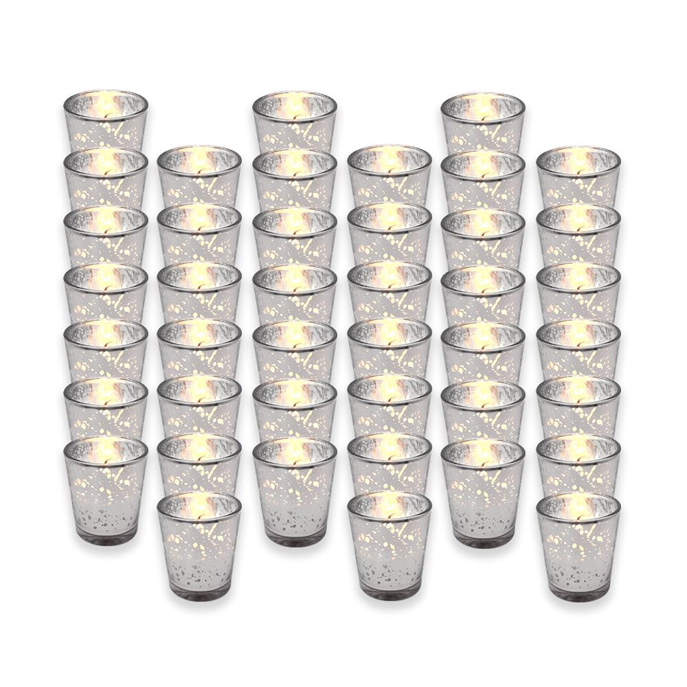 SLS SUPPLY FLORA - Mercury Glass Votive Candles Set of 72 - Small Candles in Candle Jars Decorative Candles for Wedding Favors Gifts or Home Decor Soy Wax 8-10 Hour Burn Time - Silver