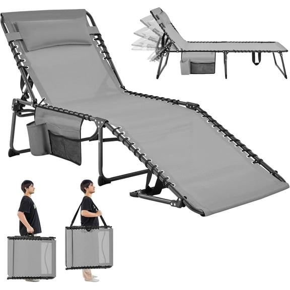 SLSRFD 26.4" Outdoor Folding Tanning Chair, Chaise Lounge Chairs with 5 Back Position Adjustable, Extended Portable Lounger for Beach, Patio, Gray