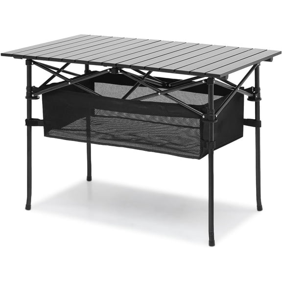 SLSRFD 37" Folding Camping Table with Large Storage Basket & with Carry Bag, Aluminum Picnic Table for Indoor Outdoor Camping Backyard BBQ Use, Black