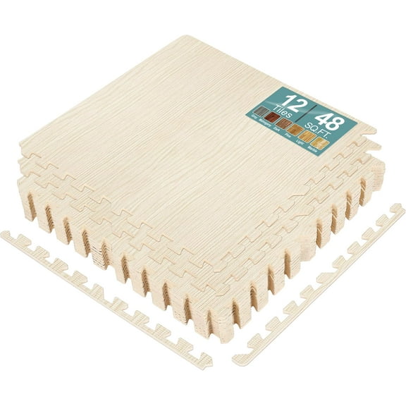 SLSRFD 48Sq. Ft. Wood Grain Floor Tiles Foam Mat EVA Interlocking Mats Tile 3/8-Inch Thick Flooring Wood Puzzle Exercise Mats w/Borders - Home Playroom Basement, Apartment, Trade Show, Baby, Dance
