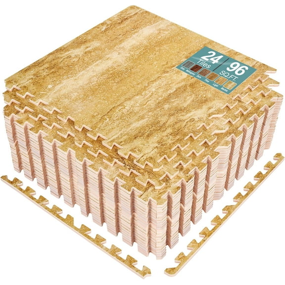 SLSRFD 48Sq. Ft. Wood Grain Floor Tiles Foam Mat EVA Interlocking Mats Tile 3/8-Inch Thick Flooring Wood Puzzle Exercise Mats w/Borders - Home Playroom Basement, Apartment, Trade Show, Baby, Dance