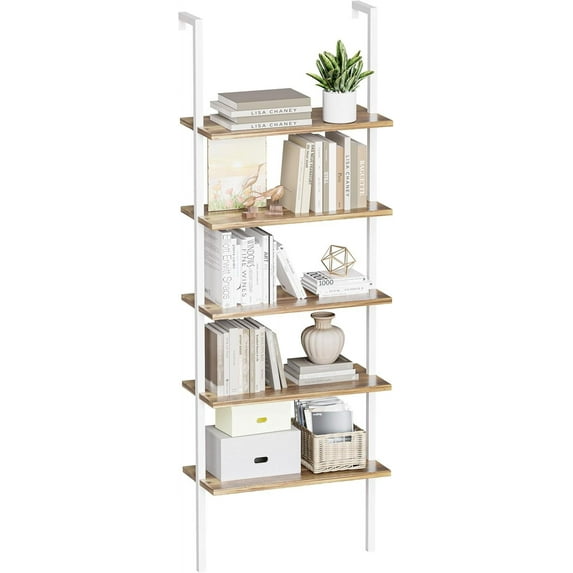 SLSRFD 5-Tier Bookshelf, Wall Mount Ladder Shelf with Wood Board and Industrial Metal Frame, for Home Office, Living Room, Bedroom, Entryway and Hallway (1, White/Oak)