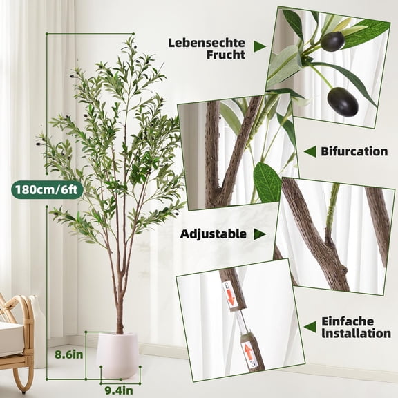 SLSRFD 6FT Tall Artificial Olive Tree with White Pot, Indoor Faux Silk Plants with Multi-Stem Branches and Decorative Pebbles – Lifelike Home Décor