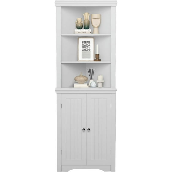 SLSRFD Corner Cabinet, Corner Bathroom Cabinet with 2 Doors and 3 Tier Shelves, Free Standing Corner Storage Cabinet for Bathroom, Living Room, Bedroom or Kitchen(White)