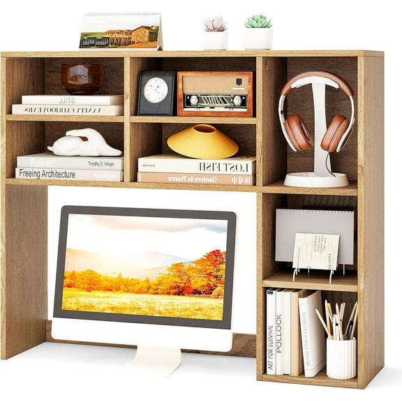 SLSRFD Desktop Bookshelf, 37" Countertop Storage Hutch with 7 Cubes & 3 Adjustable Shelves, 3-Tier Desk Display Rack Organizer, Multipurpose Wood Desktop Hutch for Dorm Home Office (Natural)