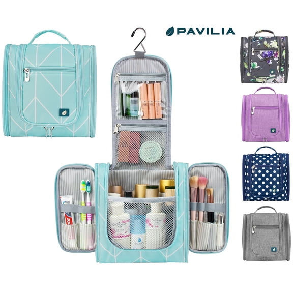 SLSRFD Hanging Toiletry Bag for Women, Travel Cosmetic Makeup Organizer with Hook, Water-Resistant Polyester, 12+ Pockets, Portable Toiletry Storage Case,Teal Chevron