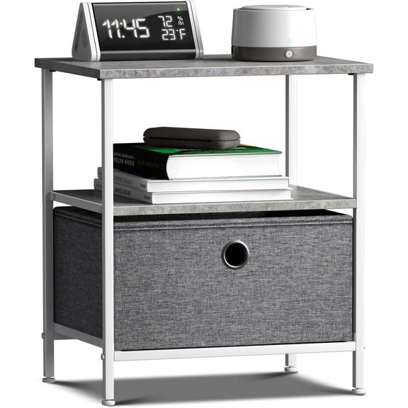 SLSRFD Nightstand 1-Drawer Shelf Storage - Bedside Furniture & End Table Chest Dresser with Steel Frame, Wood Top & Easy Pull Fabric Bins for Home, Bedroom, Closets, Bathroom, Office & College Dorm