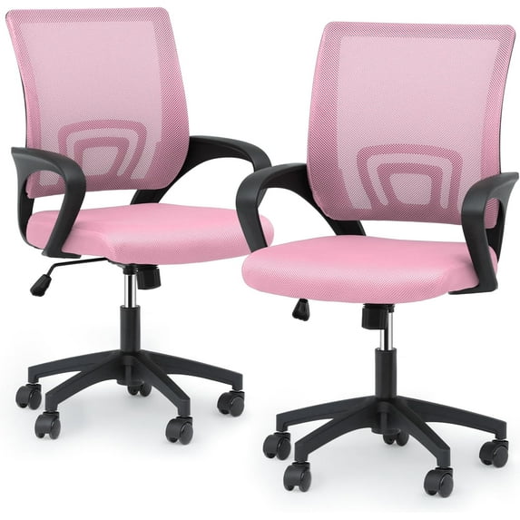 SLSRFD Office Computer Desk Chair 2pcs, Ergonomic Mesh Office Chair, Mid-Back Adjustable Rolling Chair with Lumbar Support & Comfy Armrest for Gaming, Home Work, Study, 300 Lbs Capacity, Pink