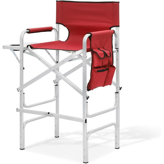SLSRFD  Tall Director Chair for Seniors & Makeup Artists, 31" Seat Height, 250 lbs Capacity, Folding Chair with Side Table, Side Pocket & Cup Holder, Portable for Camping, Fishing & Events, Red