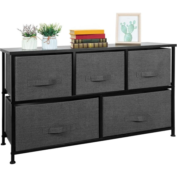 SLSRFD Wide Dresser for Bedroom, 5 Drawer Fabric Storage Organizer Chest Heavy Duty Steel Frame Wood Top for Kids Toys Livingroom Closet Nursery Hallway, Dark Grey