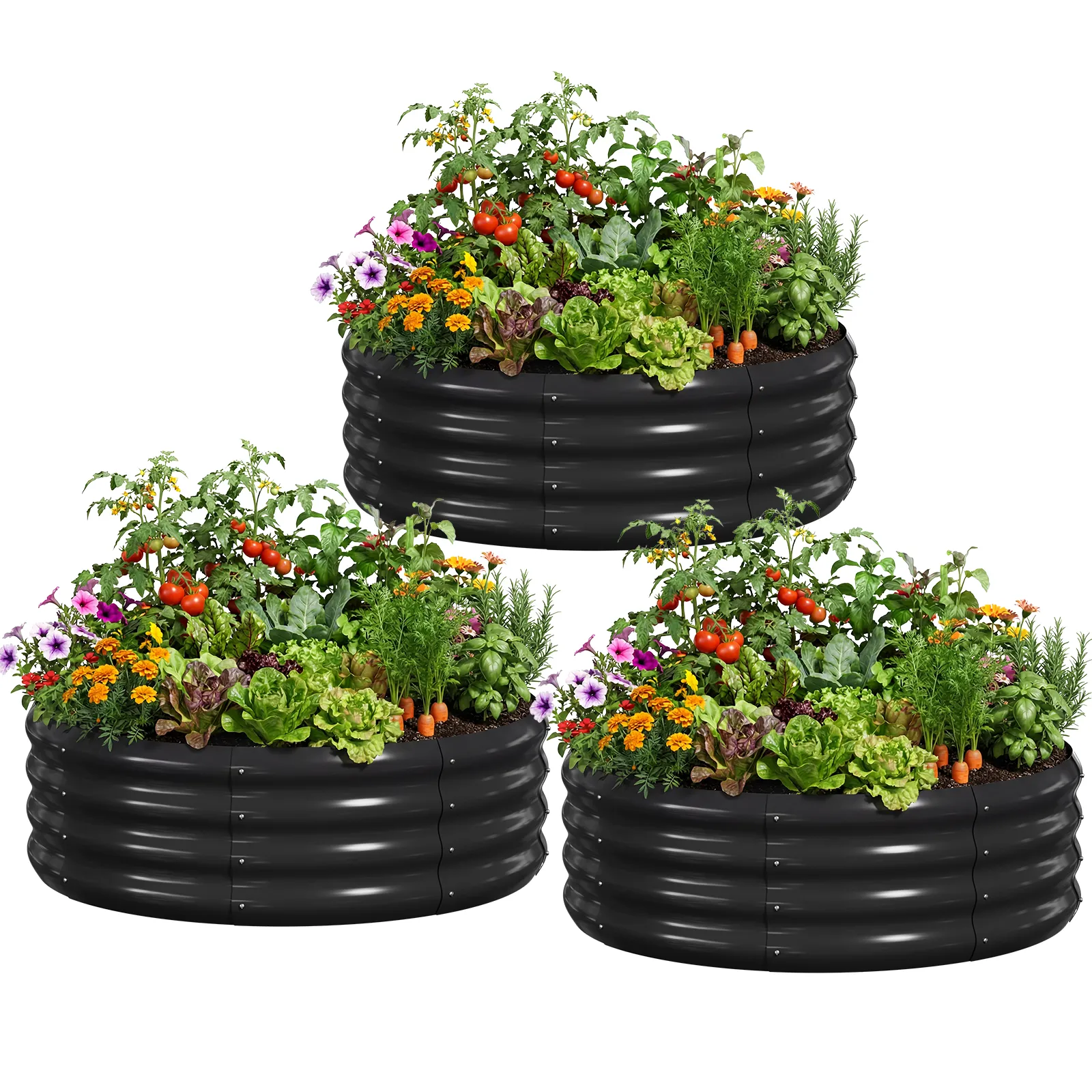 SLSY 3 Pcs 35.5x35.5x12in Round Galvanized Raised Garden Bed with Tomato Cages, Metal Planter Box for Planting Plants Vegetables Herbs Flowers,Black