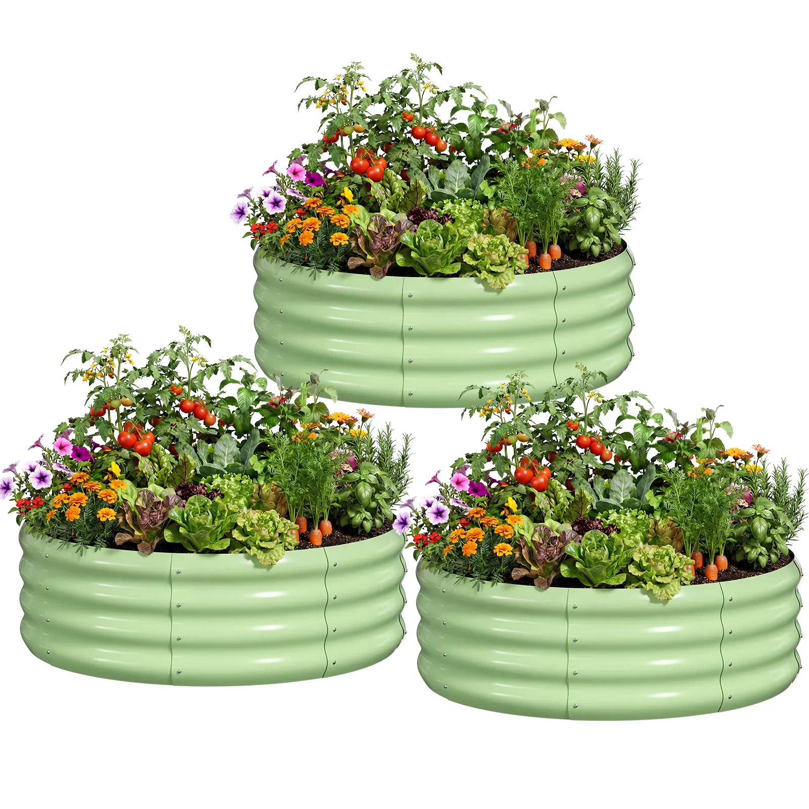 SLSY 3 Pcs 35.5x35.5x12in Round Galvanized Raised Garden Bed with Tomato Cages, Metal Planter Box for Planting Plants Vegetables Herbs Flowers,Green