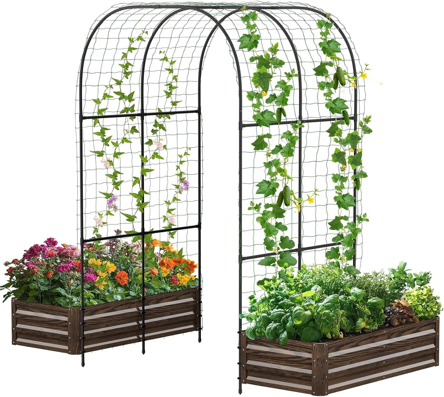 Slsy Galvanized Raised Garden Bed with 87in Tall Garden Trellis Metal Plant Support Trellis Archway for Vegetables Flowers Herbs,Wood Grain