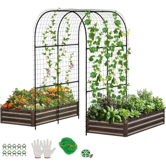 SLSY 3-in-1 Elevated Garden Bed with 87inch High Arched Rack,Suitable for Climbing Plants,Galvanized Planter Box,Outdoor Gardening,Climbing Vegetables,Flowers,Wood Grain