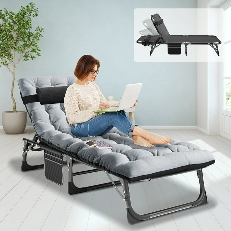 SLSY 4 Fold Folding Camping Cot with 2 Sided Mattress Pillow Folding Sleeping Cots Adjustable 4 Position Folding Lounge Chair