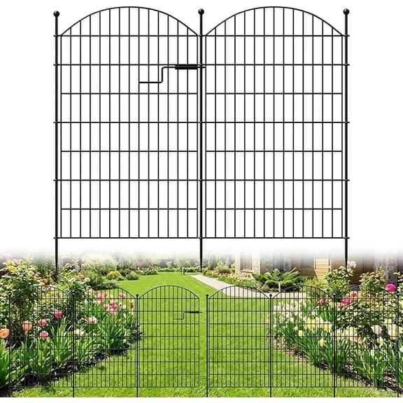 SLSY 7 Panels Garden Fence with Gate, 40in H X 15ft L No Dig Rustproof Metal Wire Panel Border for Dogs Rabbits, Arched Garden Fencing Animal Barrier for Yard Patio Outdoor Decor Temporary Dence